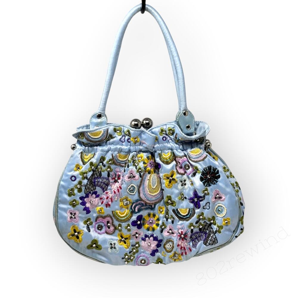 Vintage 80s Embroidered Rhinestone Kiss Lock Purse Pastel Floral Cottagecore Bag